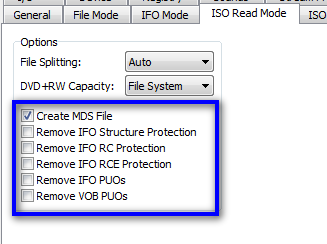 DVD Decrypter's ISO Read Mode settings, with all options but 'Create MDS File' unchecked.