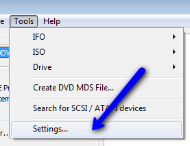 An image of the DVD Decrypter main window, with the 'Tools' dialog window pulled down, and an arrow to the 'Settings' menu entry.