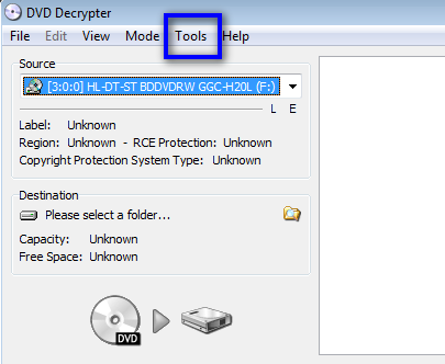 The main DVD Decrypter window, with the 'Tools' menu option highlighted.