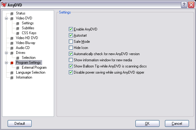 AnyDVD Program Settings Window