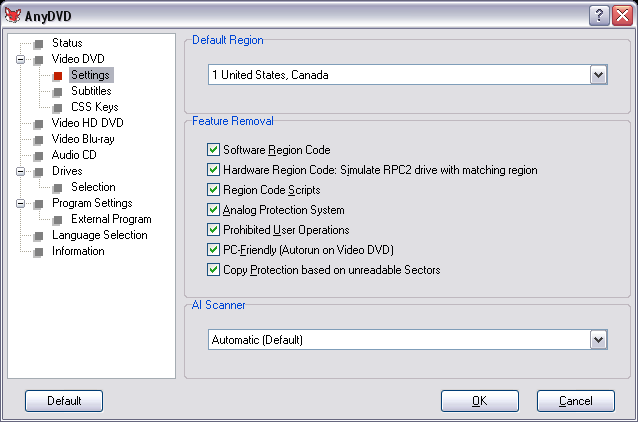 AnyDVD Video DVD Settings