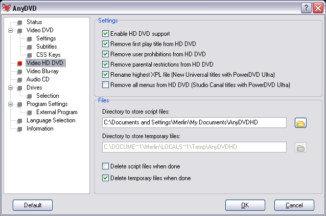 AnyDVD Video HD DVD Settings