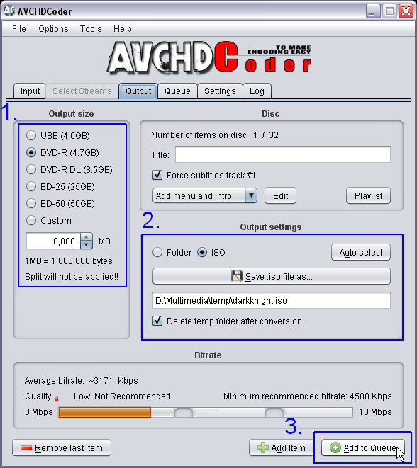 AVCHDCoder Select your output size and destination.