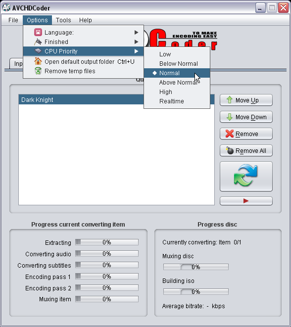 AVCHDCoder Set the CPU priority to normal.