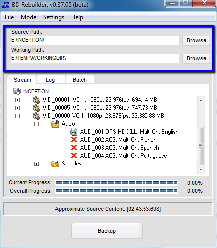 The main window of BD Rebuilder, with the 'Source Folder' and 'Work Folder' options selected.