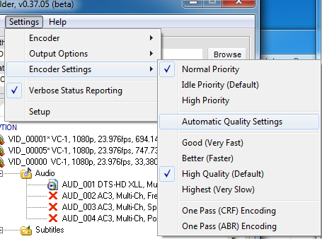 The expanded menu for the Encoder settings.