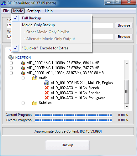 The Mode Menu for BD Rebuilder with full backup selected.