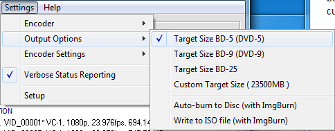 The Output Options menu of BD Rebuilder with 'Taget Size BD-5' selected.