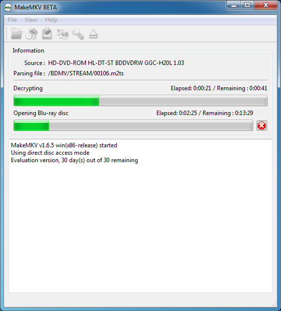 The progress window for MakeMKV and its disk analysis.