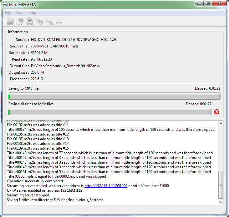 The progress window and accompanying log window shown during MakeMKV's ripping process.