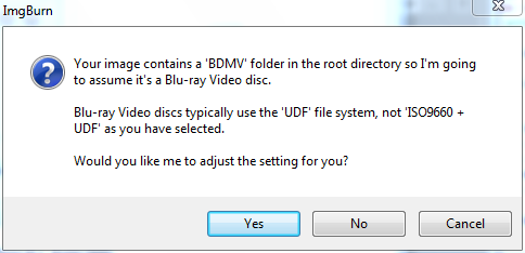 An alert window from IMGBurn concerning the use of a BDMV folder as a source.