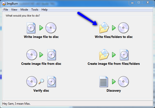 The IMGBurn main window with the 'Write files to disk' button highlighted.