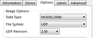 The IMGBurn burning options tab, with UDF revision set to 2.50.