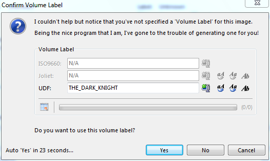 The IMGBurn volume label alert window.