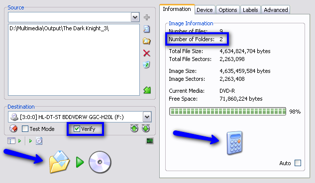 IMGBurn Main Window after calculation and before run.