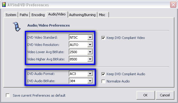 AVStoDVD Audio / Video Settings