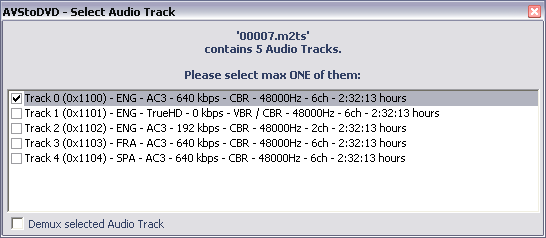 AVStoDVD Select Bluray Audio Track