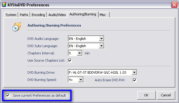 AVStoDVD Authoring/Burning Options with 'Save as Default'