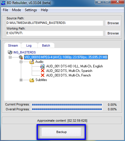 The main BD Rebuilder window, with the 'Backup' button highlighted.