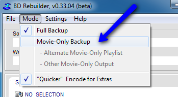 A drop down menu in BD Rebuilder showing the Movie Only Backup menu entry.