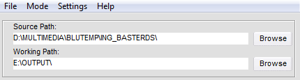 The BD Rebuilder window with source and work folder paths set.