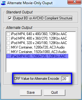 The alternative output window in BD Rebuilder, with the iPad profile highlighted.