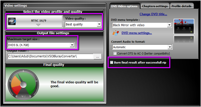 The conversion settings for Bluray to DVD conversion.