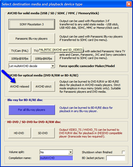 A window displaying the variety of options available for output in multiAVCHD.