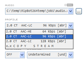 Selecting the 96 kbps audio encoding profile.