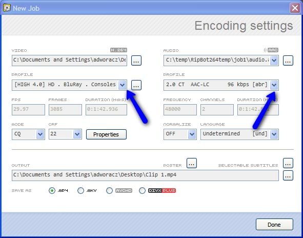 The main configuration window for encoding a video in RipBot. The Video and Audio encoding profile drop down menus are highlighted.
