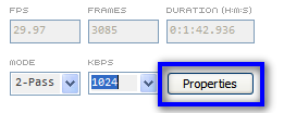 Setting the encoding mode to 2-pass and the bitrate to 1024 kbps. The 'Properties' button is highlighted.