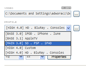 The selection of the video encoding profile. The profile pointed to is that of the SD, PSP and iPad profile.