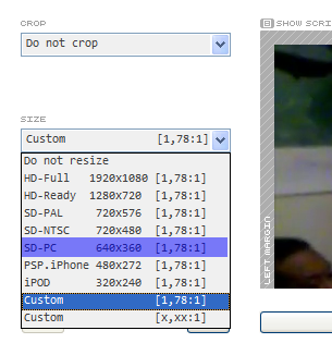 The video resize selection drop down menu. The Custom [1.78,1] profile is select, but the SD-PC profile is also highlighted.