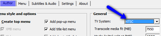 An image of the author tab with the 'TV System' drop-down box highlighted.
