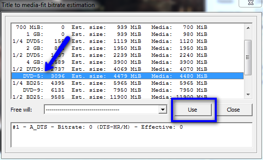 A window detailing all of the bitrate / output size selections in multiAVCHD.