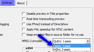The dropdown box for selecting the output MPEG2 encoder under the Settings tab of multiAVCHD