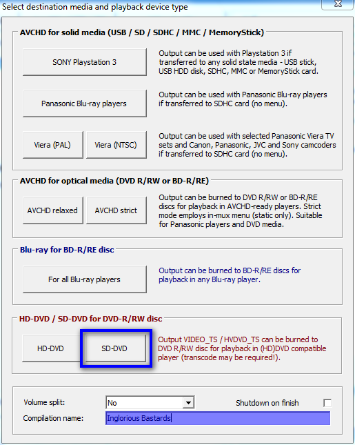 The multiAVCHD output selection window with the 'SD-DVD' button highlighted.