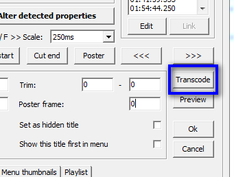The input title properties window with the 'Transcode' button highlighted.