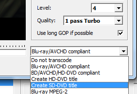 An image of the transcode format dropdown with 'Create SD-DVD title' selected.