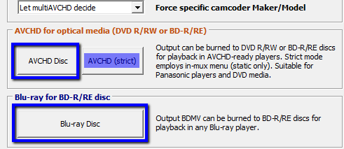 The output format selection window. Bluray output is selected