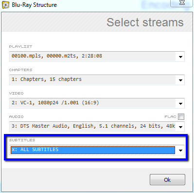 The RipBot subitle selection dropdown menu.