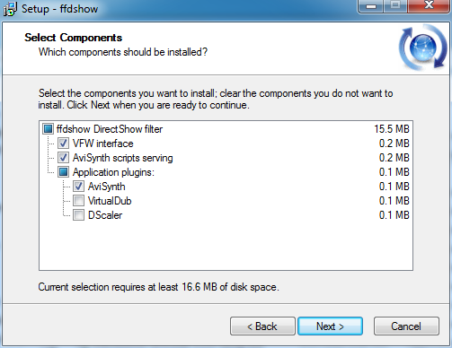 The general FFDShow install settings.