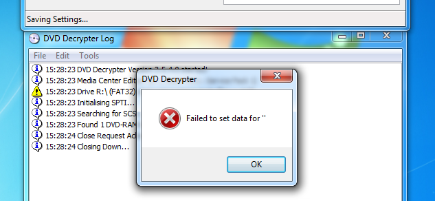 DVD Decrypter Failed to set data for ''
